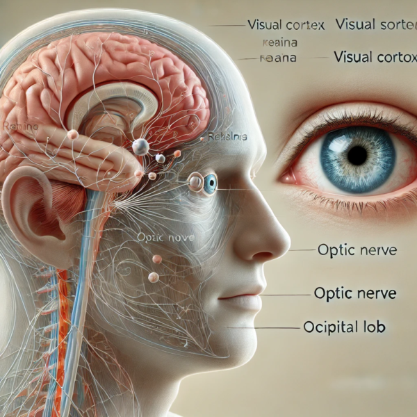 DALL·E 2024-12-22 18.53.09 – A detailed illustration of the human visual system, showing the brain’s visual cortex and neural pathways in a semi-transparent human head. The image