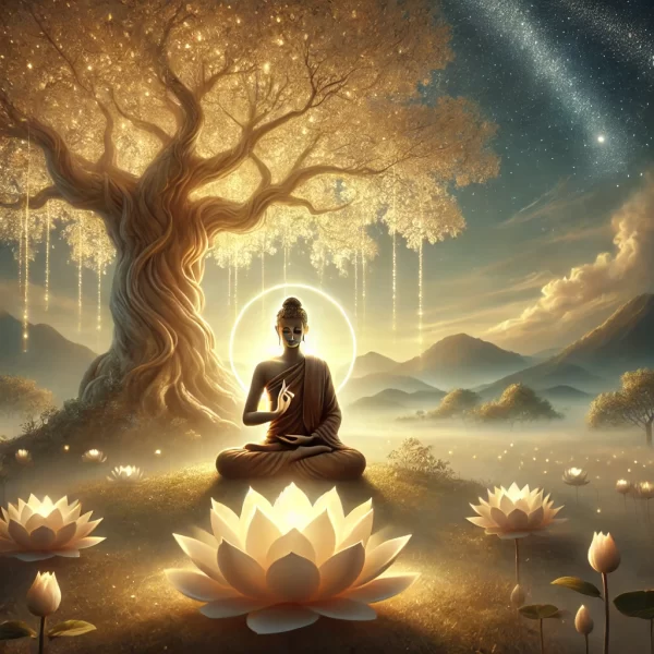 DALL·E 2025-01-09 10.48.01 – A serene and inspiring scene depicting a bodhisattva in meditation under a radiant, ethereal Bodhi tree. The bodhisattva exudes compassion and calmnes