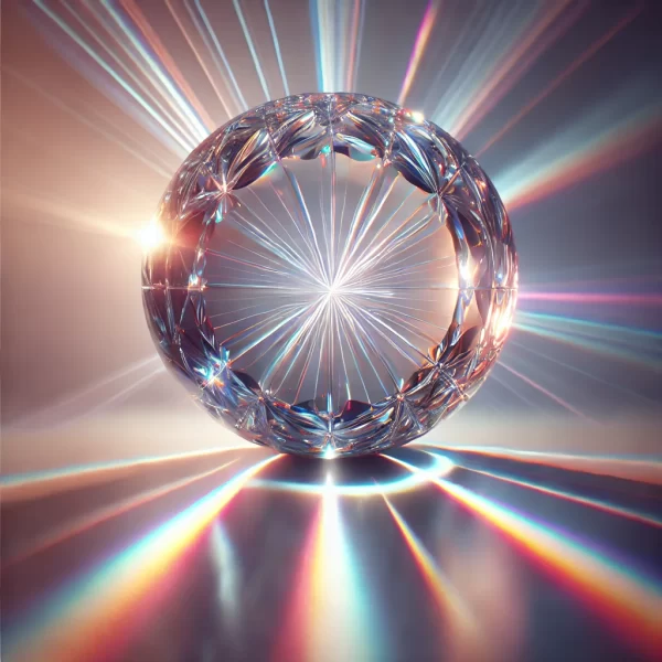 DALL·E 2025-01-22 21.26.04 – A crystal sphere with intricate details, illuminated by a radiant light passing through it. The light creates a mesmerizing pattern of reflections and